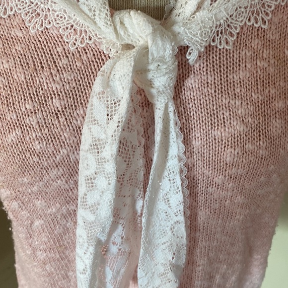 VTG Ashley Stuart linen blend lace bow sailor collar short sleeve pink sweater L - Picture 3 of 6